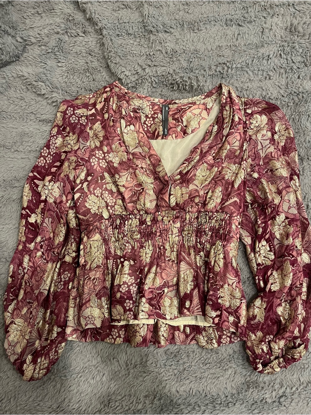 Anthropologie Mauve Floral Smocked Peplum Blouse
